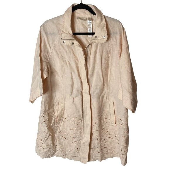 Chicos 3 Linen Eyelet Jacket Sz XL Light Peach Zip Cottage‎ Beach Casual Pockets - Picture 1 of 9